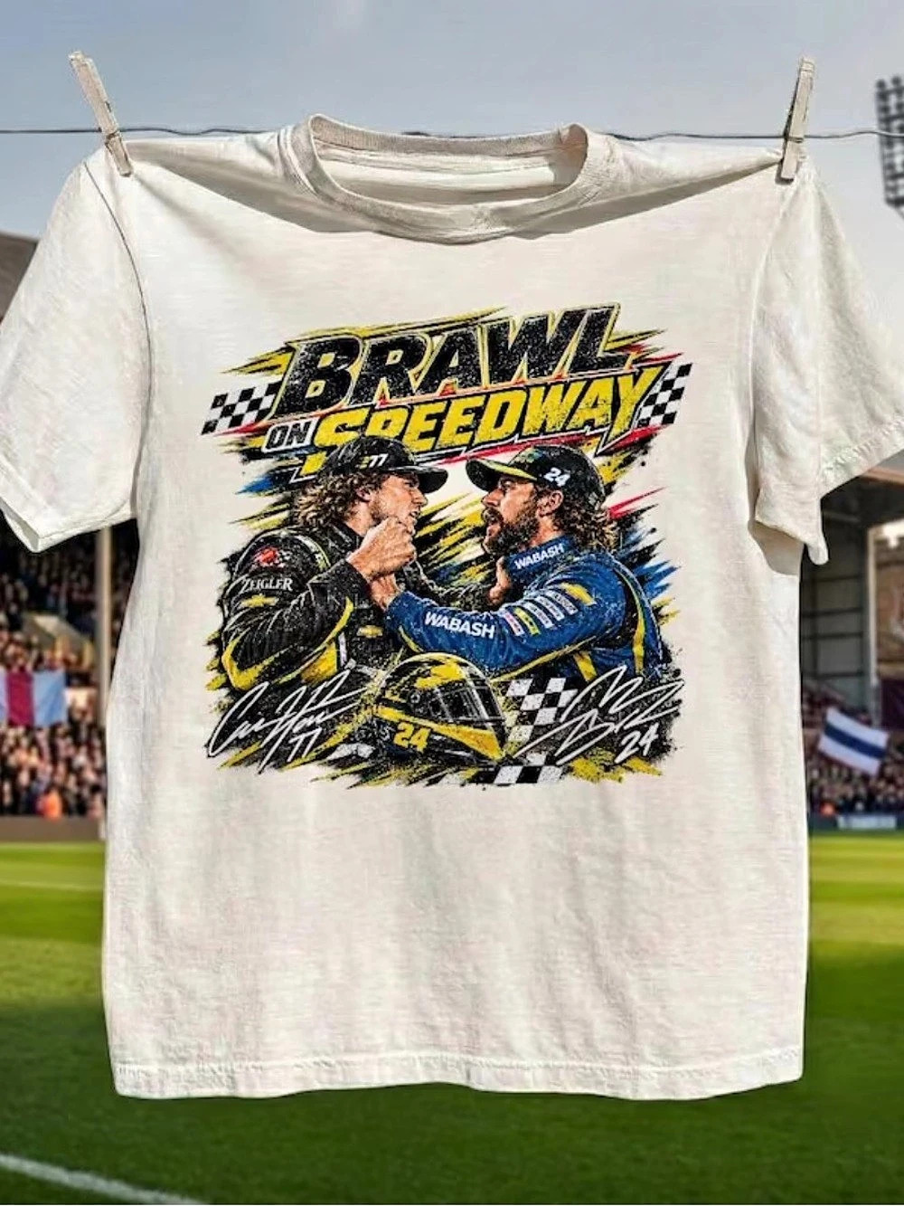 Brawl on Speedway Race Car Drivers Confrontation T-Shirt, Classic Sport Design